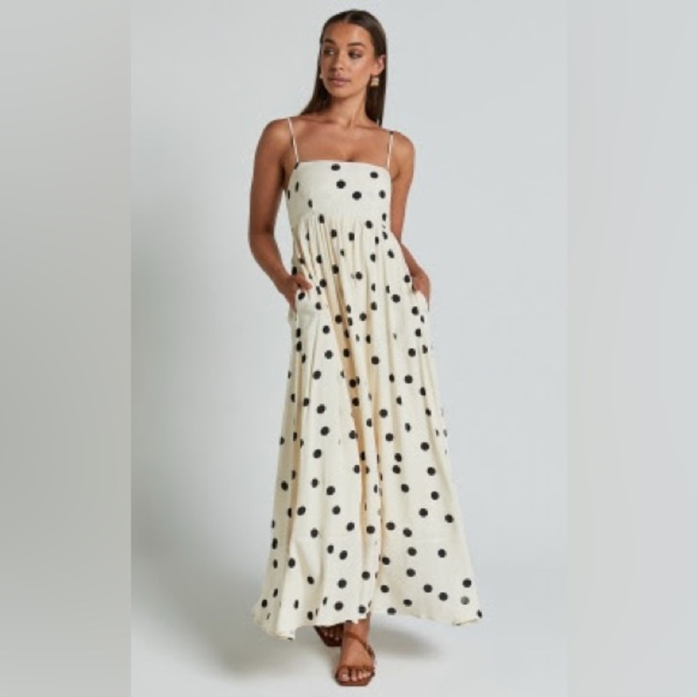 Showpo Strapless Cream Dress with Black Polka Dots